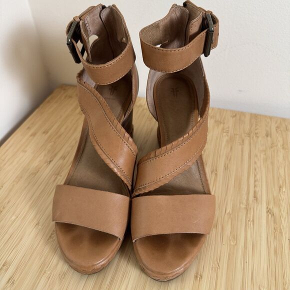 Frye Riviana Feather Wedge Leather Ankle Strap Sandals Camel Tan 9 M EUC - Picture 3 of 9